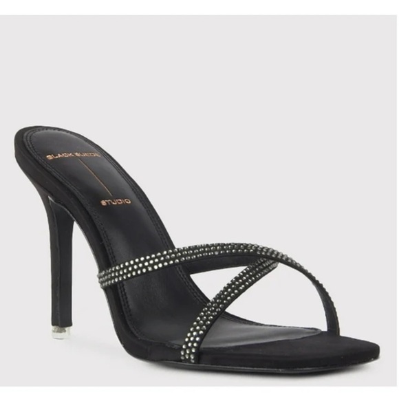 NWOB Black Suede Studio Crystal Embossed High Heel Sandals in Black Sz 40 US 10 - Picture 1 of 11